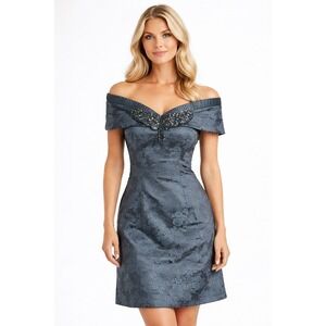 Elegant Charcoal Gray Brocade Off-Shoulder Dress Beaded Detail Cocktail Small